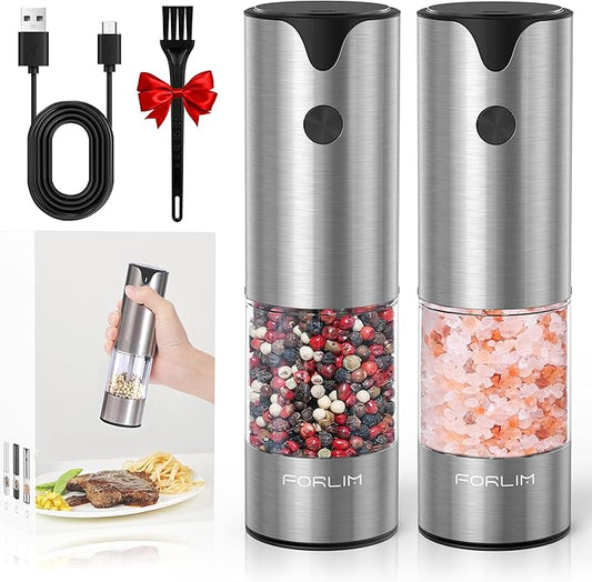 FORLIM Electric Salt and Pepper Grinder Set, USB Rechargeable, Automatic Salt Pepper Mill Grinder with Dust Cover, One-Button Control, Adjustable Coarseness, Warm LED Light (2 Packs, Stainless Steel) by FORLIM