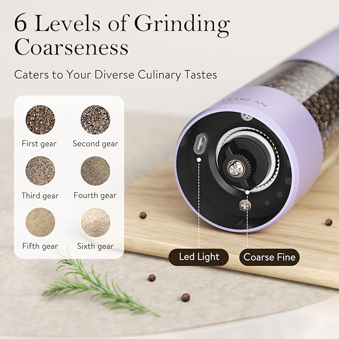 Ultrean Pepper Grinder, Rechargeable Salt and Pepper Grinder with 6 Adjustable Coarseness, LED Light, Automatic Salt and Pepper Shakers, Kitchen Gadgets, Gifts for Women, Lavender Purple - Image 3