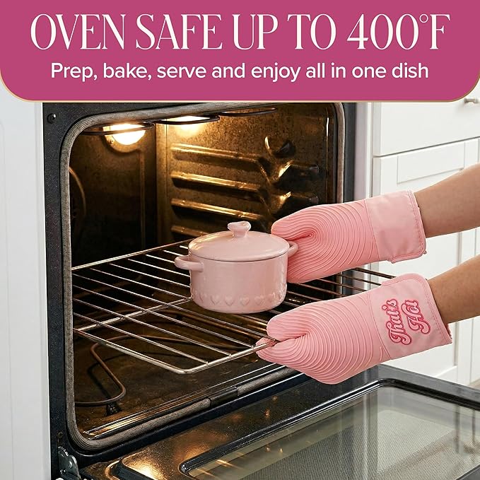 Paris Hilton Iconic Ceramic Stoneware Casserole Dish With Lid, Oven Safe Up To 450°F, Dishwasher & Microwave Safe, 28oz, Pink with Embossed Heart Design - Image 8
