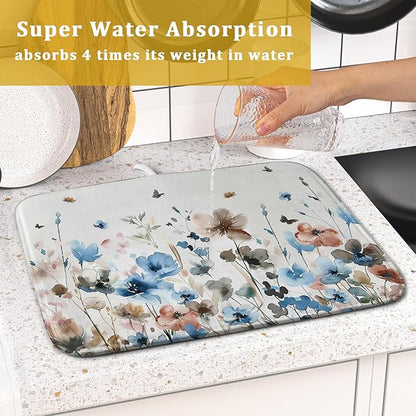 Giwawa Watercolor Floral Dish Drying Mat, 16"x18" Blue Grey Brown Flowers Kitchen Drainer Mats, Spring Summer Wildflower Microfiber Small Dish Drying Pad for Countertop Tabletop Decoration