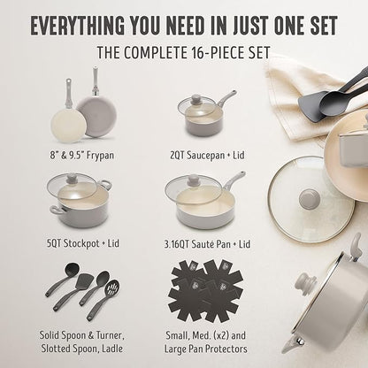 GreenLife 16-Piece Nonstick Cookware Set, Non-Toxic Ceramic Pots and Pans Set, Durable Healthy Kitchen Essentials, Fast Heating, Induction Ready, Easy Clean Dishwasher Safe, PFAS-Free, Light Gray