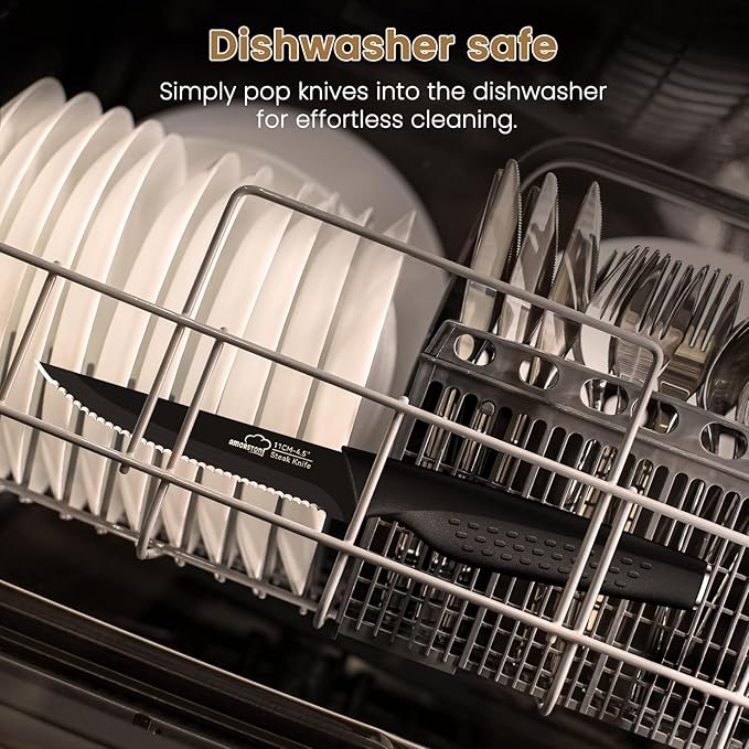 Amorston Steak Knives, Steak Knives Set of 8, Stainless Steel Steak Knife Set, Serrated Knives Dishwasher Safe, Elegant Black Mothers Day Gifts for Women - Image 4