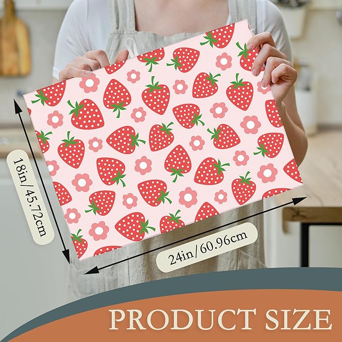 Pink Strawberry Dish Drying Rack Mat for Kitchen Counter,Cute Flowers Dish Drying Pad Absorbent Reversible Microfiber Protector for Coffee Bar Sink Countertops 18x24 Inch