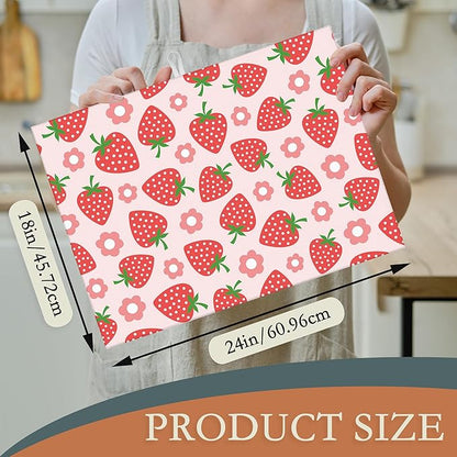 Pink Strawberry Dish Drying Rack Mat for Kitchen Counter,Cute Flowers Dish Drying Pad Absorbent Reversible Microfiber Protector for Coffee Bar Sink Countertops 18x24 Inch