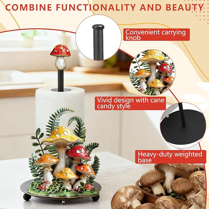Thyle Mushroom Paper Towel Holder with Round Base Mushroom Bathroom Decor Gifts Rustic Dispenser Kitchen Paper Holder Stand for Christmas Housewarming Farmhouse Countertop Toilet Home Accessories