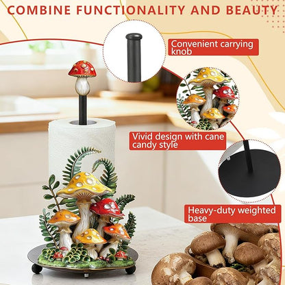 Thyle Mushroom Paper Towel Holder with Round Base Mushroom Bathroom Decor Gifts Rustic Dispenser Kitchen Paper Holder Stand for Christmas Housewarming Farmhouse Countertop Toilet Home Accessories
