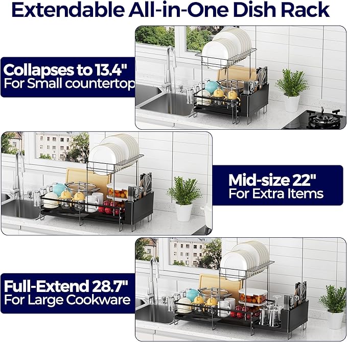 Large Dish Drying Rack, Expandable Dish Rack for Kitchen Counter, Dish Drainer with Drainboard Set, Multifunctional Dishrack with Utensil & Cup Holder, 13.4"-28.7" L x 11.8" W x 9.3" H, Black - Image 2