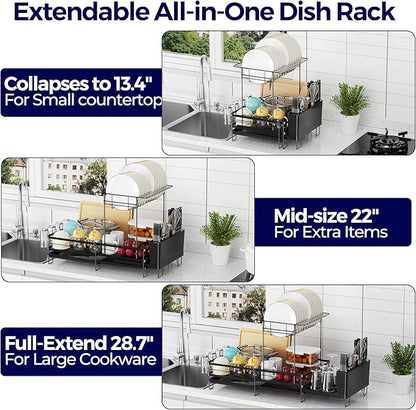 Large Dish Drying Rack, Expandable Dish Rack for Kitchen Counter, Dish Drainer with Drainboard Set, Multifunctional Dishrack with Utensil & Cup Holder, 13.4"-28.7" L x 11.8" W x 9.3" H, Black - Image 2