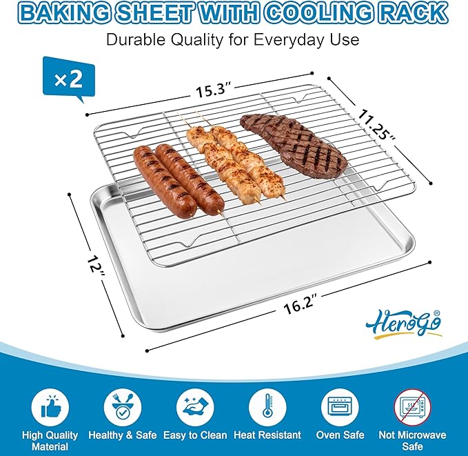 Herogo Stainless Steel Baking Sheet with Wire Rack Set(2 Pans + 2 Racks), 16" x 12" x 1" Rectangle Jelly Roll Sheet Pan Set for Oven, Non Toxic & Heavy Duty & Easy Clean-Large