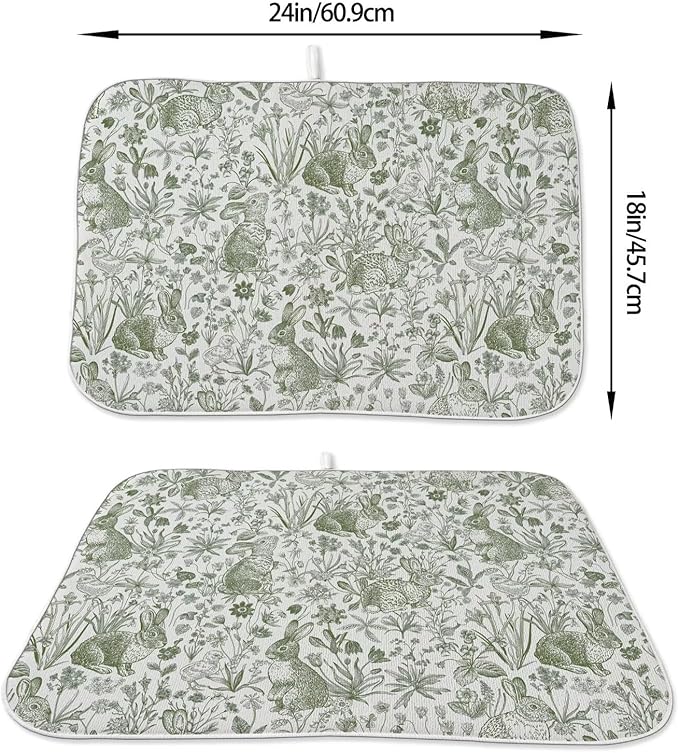 Spring Easter Dish Drying Mat 18 x 24 inch Green Rabbit Bunny Botanical Floral Decorative Drying Mats Microfiber Absorbent Seasonal Dish Washable Draining Mat for Kitchen Counter Decor