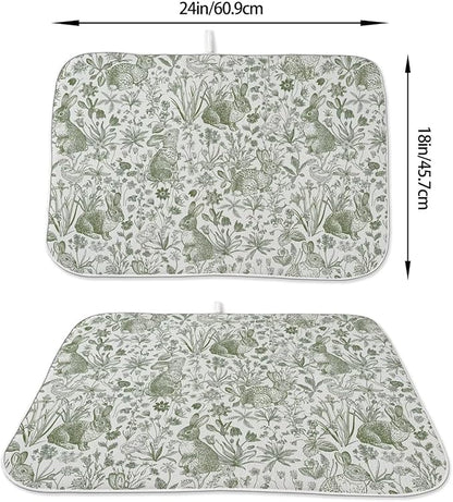 Spring Easter Dish Drying Mat 18 x 24 inch Green Rabbit Bunny Botanical Floral Decorative Drying Mats Microfiber Absorbent Seasonal Dish Washable Draining Mat for Kitchen Counter Decor