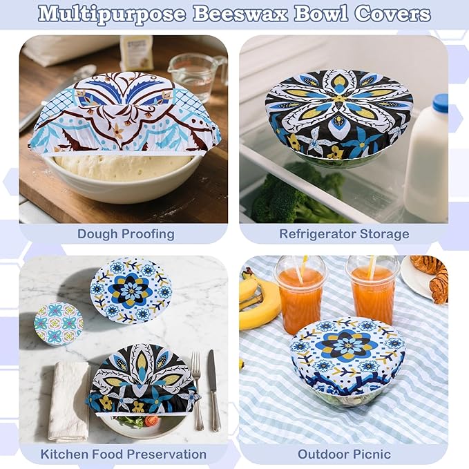 5-Size Reusable Beeswax Bowl Covers for Bread Proofing, Cotton Cloth Flexible Beeswax Wraps for Food Storage(Moroccan Style) - Image 5