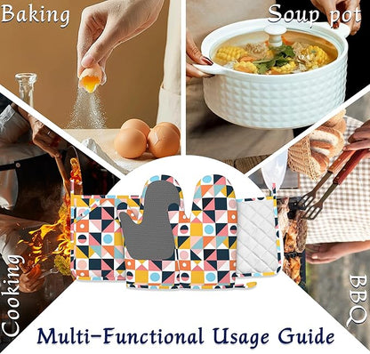 Oven Mitts and Pot Holders Sets Abstract Geometric Silicone Kitchen Mits Potholders Colorful Modern Art Heat Resistant 4Pcs Oven Gloves Hot Pads for Baking Cooking BBQ Grilling Home Decor