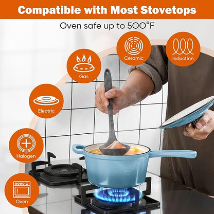 Homikit Small Cast Iron Pot, 1 QT Enameled Cast Iron Sauce Pan with Lid, Heavy Duty Enamel Dutch Oven Kitchen Cookware for Making Pasta, Boiling Soup, Warming Milk, Nonstick & Oven Safe, Sky Blue