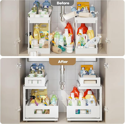 1 Pack Under Sink Organizer with Next-Gen Ball-Bearing Slides,2-Tier Pull Out Cabinet Storage,Height Adjustable Drawer Shelf for Bathroom,Kitchen,Laundry,Cabinet,Pantry-White