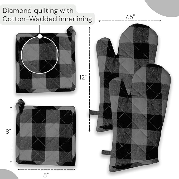 Buffalo Plaid Check Oven Mitts and Pot Holders Set, 100% Cotton, Heat Resistant, 2 Oven Gloves (7x13 Inches) & 2 Hot Pads (8x8 Inches) for Cooking and Baking, Light Grey & Black White
