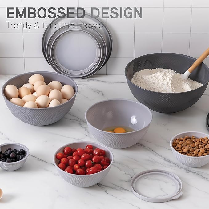 COOK WITH COLOR Mixing Bowls with Lids - 12 Piece Plastic Nesting Bowls Set includes 6 Prep Bowls and 6 Lids, Microwave Safe Mixing Bowl Set, Grey Rhombus - Image 6