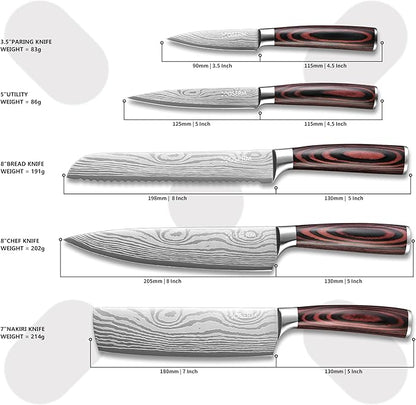 Knife Set | Gift-Ready 6-Piece (5+1) Japanese Style Kitchen Knife Set — Burgundy Gift Box with An Additional 8" Chef Knife — Ideal Christmas, Wedding & Household Gift