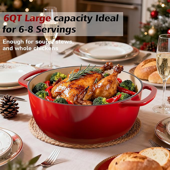 Umite Chef 6QT Enameled Cast Iron Dutch Oven with Lid, Versatile Heavy-Duty Cookware Pot for Baking Bread, Braising, Soups & Stews, Oven & Stovetop Safe with Heat Resistant Gloves（Red） - Image 6