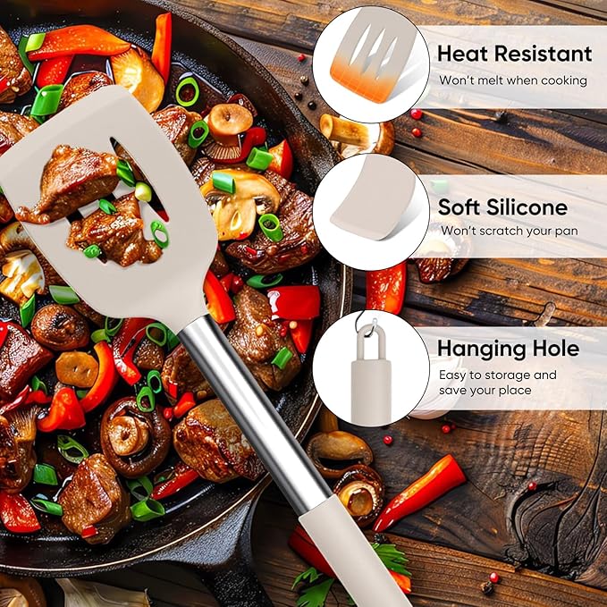 TeamFar Kitchen Utensils Set of 8, Silicone Utensils Kitchen Tools Set with Stainless Steel Handle, for Frying Serving Flipping Draining, Non-toxic & Heatproof, Nonstick & Dishwasher Safe - Khaki - Image 3
