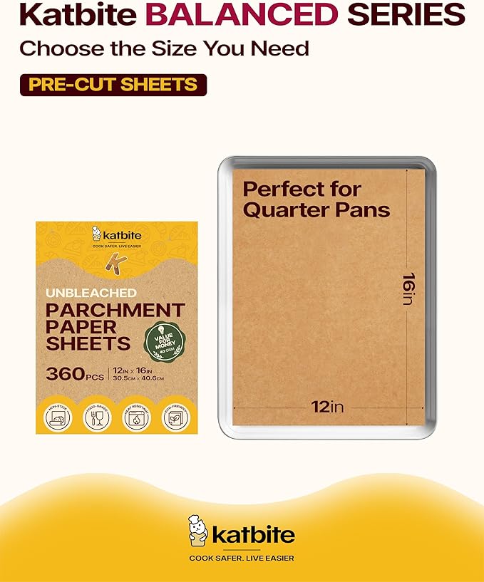 Katbite Parchment Paper Sheets 360 PCS, 12x16 Inches Precut Unbleached Baking Parchment, Non-stick, Non-toxic, Heavy Duty Flat Baking Paper for Oven, Cooking, Grilling, Air Fryer and Steaming - Image 2