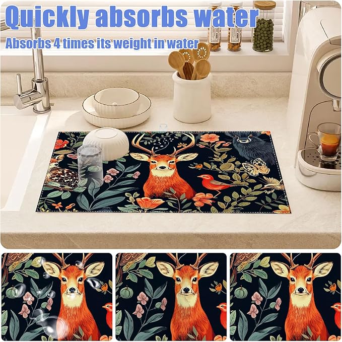 Vintage Deer Dish Drying Mat for Kitchen Counter Wild Animals Drying Pad Absorbent Reversible Dish Drainer Rack Mats Draining Pad 18"x24"Inch - Image 4