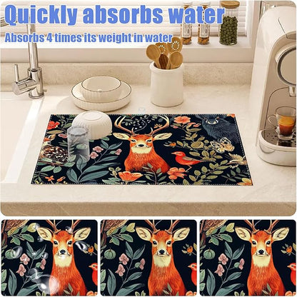 Vintage Deer Dish Drying Mat for Kitchen Counter Wild Animals Drying Pad Absorbent Reversible Dish Drainer Rack Mats Draining Pad 18"x24"Inch - Image 4