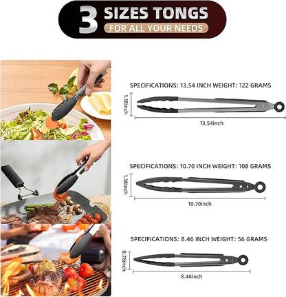 Pack of 3 Stainless Steel Kitchen Tongs with Silicone Tips – Non-Stick Cooking, Grilling & BBQ Tongs for Serving, Dishwasher Safe, 7", 9" & 12", Black - Image 2