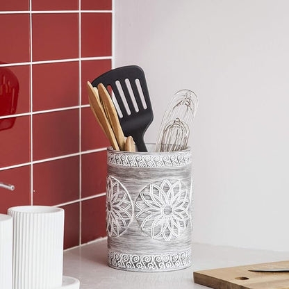 BINO Kitchen Utensil Holder for Countertop, Grey Sunflower - Utensil Caddy countertop utensil holder Utensil Crocks for kitchen Cooking Utensil Holder Kitchen Utensils Holder Spatula Holder - Image 3