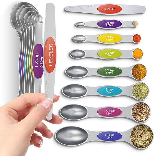 Premium Magnetic Measuring Spoons Set|Strong N52 Magnets|Heavy Duty Stainless Steel|Dual-Sided for Spice Jar & Liquid Measuring|Dishwasher Safe|7 Spoons with Leveler for Baking & Cooking (Colorful) by HOWGOODY