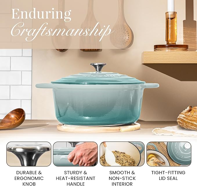 Nuovva Enamelled Cast Iron Dutch Oven Pot with Lid 6.4 Quart Non Stick Casserole Pot – Heavy Duty & Oven Safe up to 500° F for Bread Baking, Braising, Stews, Roasting – 28cm Sea Salt - Image 6
