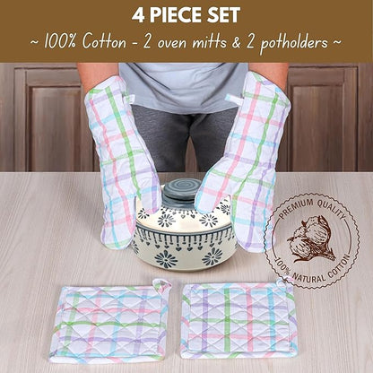 Native Fab 4 Piece Set - 2 Oven Mitts & 2 Potholders, Heat Resistant, 100% Cotton, Quilted Design, Non-Slip Grip, Ideal for Baking, Cooking, BBQ, Kitchen Protection, Multi-Color Checks - Image 4
