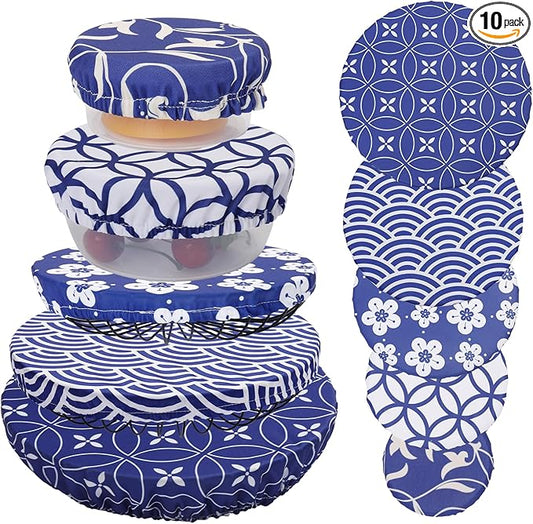 10Pcs Reusable Bowl Covers In 5 Size, Stretch Cloth Fabric Dish Cover Kitchen Storage Containers Lids for Fruits Food Leftover Dough Bread Proofing (Elegant style)
