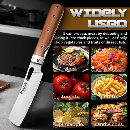 Huusk Folding Chef Knife Set - Including Nakiri, Santoku, Bread and Fruit Knives - EDC Kitchen Knife Set with 440C Stainless Steel Ultra Sharp Blade - Japanese Pocket Knives - Gifts for Mom