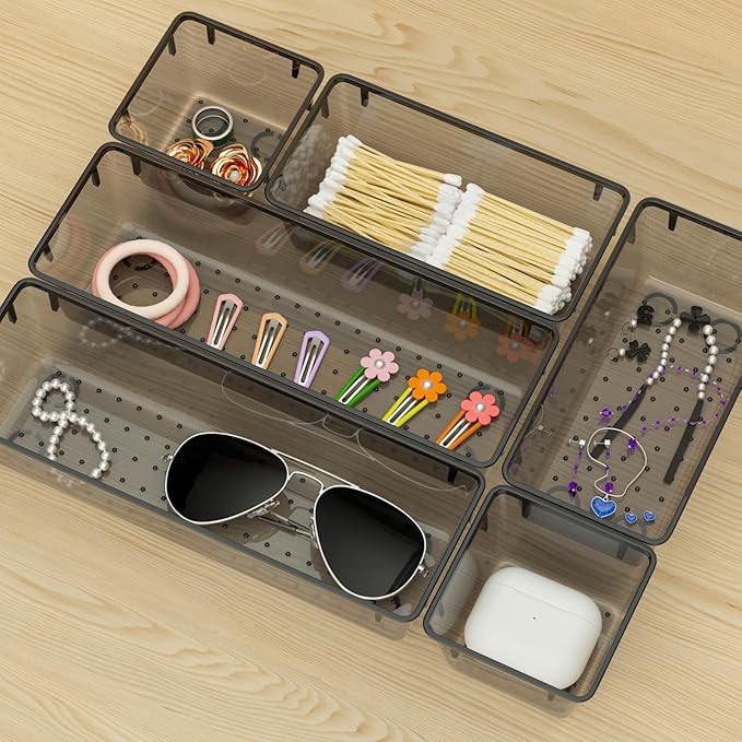 WOWBOX 9 Pack Clear Drawer Organizer Set, Acrylic Drawer Storage Trays, Storage Bins for Makeup, Cosmetics, Jewelries, Utensils, Gadgets, Office, Black - Image 7