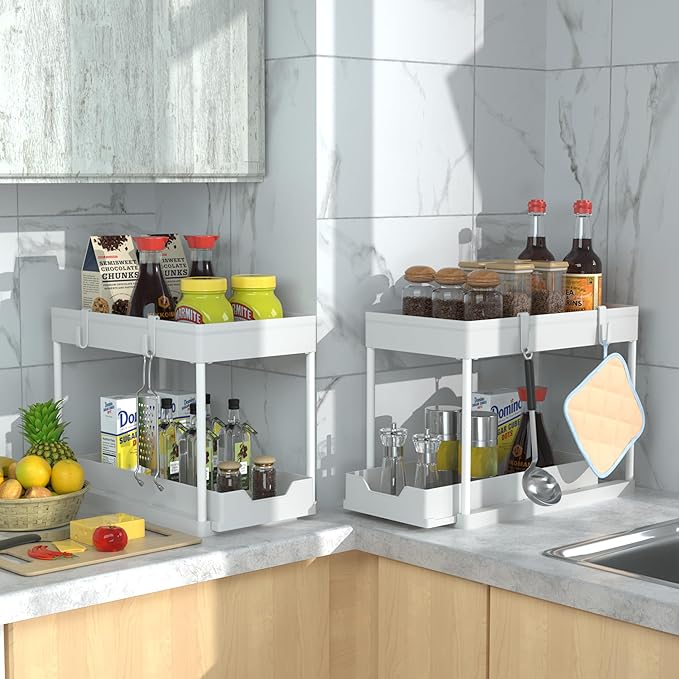 DEKAVA Cabinet, 2 Pack Under Sink Organizer, 2 Tier Sliding Bathroom Kitchen Organizer, Large White ABS Baskets, Easy Install & Clean - Image 5