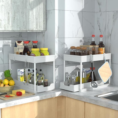 DEKAVA Cabinet, 2 Pack Under Sink Organizer, 2 Tier Sliding Bathroom Kitchen Organizer, Large White ABS Baskets, Easy Install & Clean - Image 5