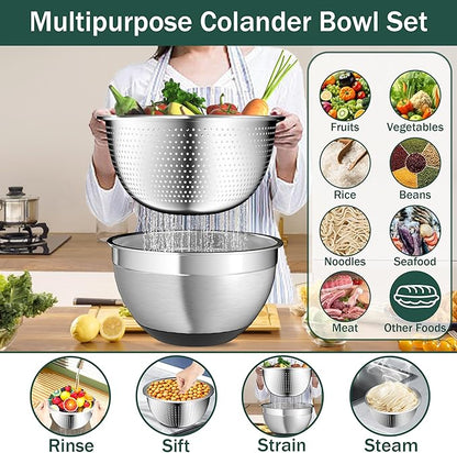 Nicdiet Mixing Bowls with Airtight Lids, Stainless Steel Mixing Bowl Set with 3 Metal Nesting Bowls, Colander & Grater, Non-Slip Bottoms, Size 1.5, 2.5, 5 QT, Great for Mixing & Serving, Black - Image 4