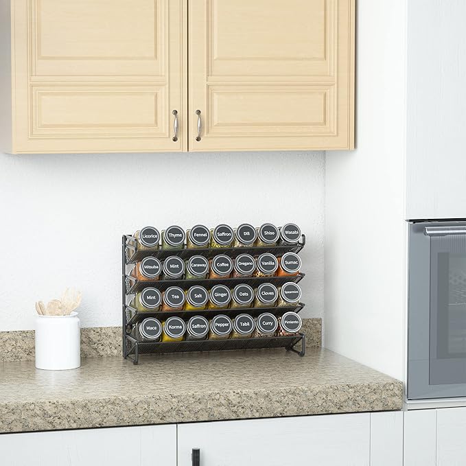 SpaceAid Spice Rack Organizer with 28 Spice Jars, 386 Spice Labels, Chalk Marker and Funnel Set for Cabinet, Countertop, Pantry, Cupboard or Door & Wall Mount - 28 Jars, 13.4" W × 10.8" H, Black - Image 2