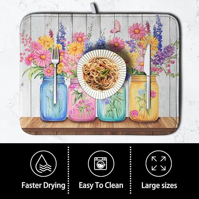 Daisy Dish Drying Mat for Kitchen Counter Spring Summer Flowers Vases Dishes Pad Microfiber Absorbent Dish Draining Mats Rustic Farmhouse Floral Wooden Board Dish Drainer Rack Mat 16x18 Inch - Image 4