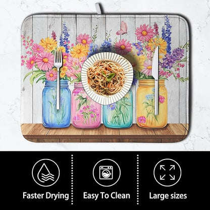 Daisy Dish Drying Mat for Kitchen Counter Spring Summer Flowers Vases Dishes Pad Microfiber Absorbent Dish Draining Mats Rustic Farmhouse Floral Wooden Board Dish Drainer Rack Mat 18x24 Inch - Image 4