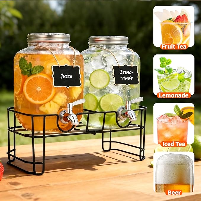 1 Gallon Glass Beverage Dispenser, 2 Pack Glass Drink Dispensers for ies with Stand, Lid&Stainless Steel Spigot, Lemonade Dispenser With Ice Cylinder for Weddings, Sun Tea Jar, Juice Dispensers - Image 5
