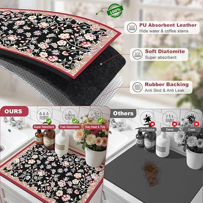 LOKHOM Floral Dish Drying Mat, 18"x24" Super Absorbent Non-slip Bordered Coffee Mat with Oil Painting Black Floral, Cuttable Hide Stain Drying Mat for Kitchen Counter Coffee Maker Espresso Machine - Image 6