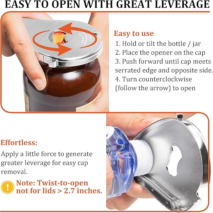 Uinxan Bottle Opener for Weak Hands & Seniors with Arthritis–5 in 1 for Vacuum Seals, Soda, Small Jar Lids(0.6"-2.7"), Beer Caps, Pull Tabs–Multifunction Portable Tool for Elderly/Women/Men (Silver)