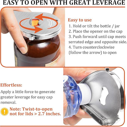 Uinxan Bottle Opener for Weak Hands & Seniors with Arthritis–5 in 1 for Vacuum Seals, Soda, Small Jar Lids(0.6"-2.7"), Beer Caps, Pull Tabs–Multifunction Portable Tool for Elderly/Women/Men (Silver)