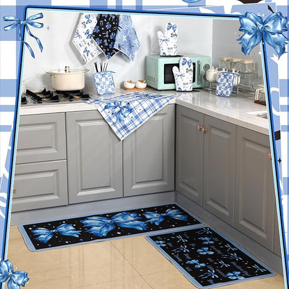 Fourluoo 10 Pcs Blue Bow Kitchen Decor Set Dish Towels Kitchen Rugs Oven Mitts and Pot Holders for Cooking Baking Grilling Women Mom Gift
