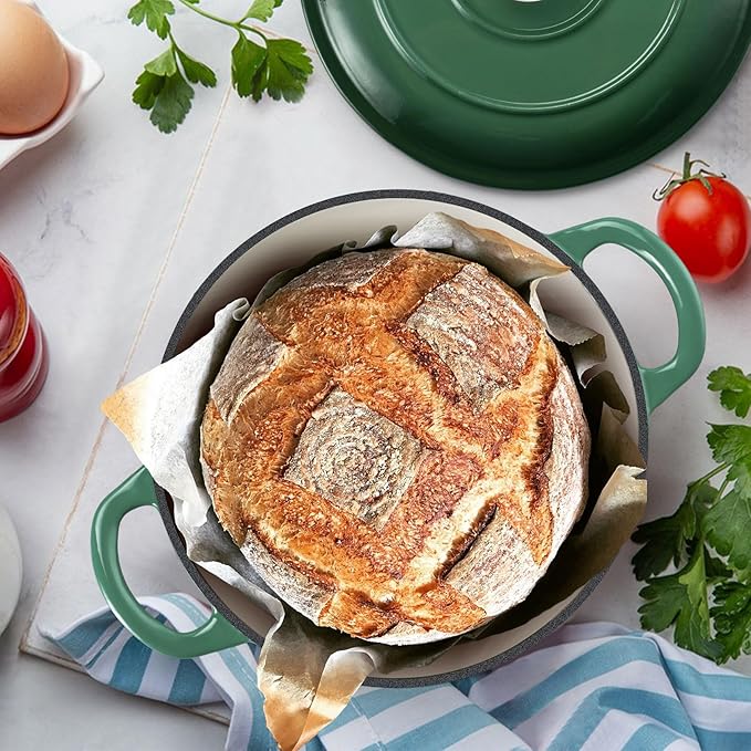 TeamFar Enameled Cast Iron Dutch Oven - 3QT Small Dutch Oven Pot with Lid - Heavy Duty Cast Iron Pot Cookware for Bread Baking, Braising, Stewing, Roasting, Basil Green - Image 6