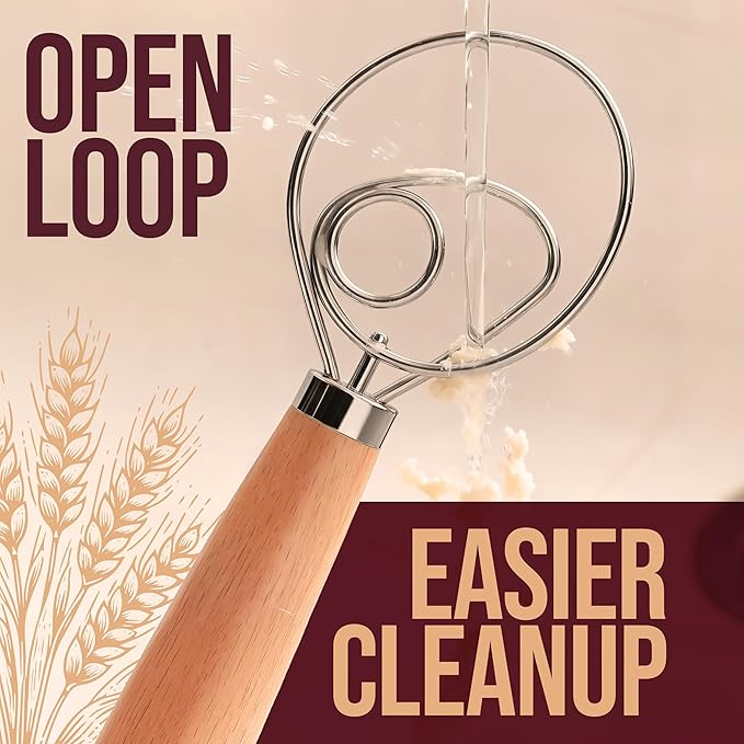Superbaking Danish Dough Whisk - 12" Bread Whisk for Dough Mixing - Single Eye Design Sourdough Whisk - Sourdough Bread Baking Supplies - Bread Making Tools and Accessories - Ergonomic Wooden Handle