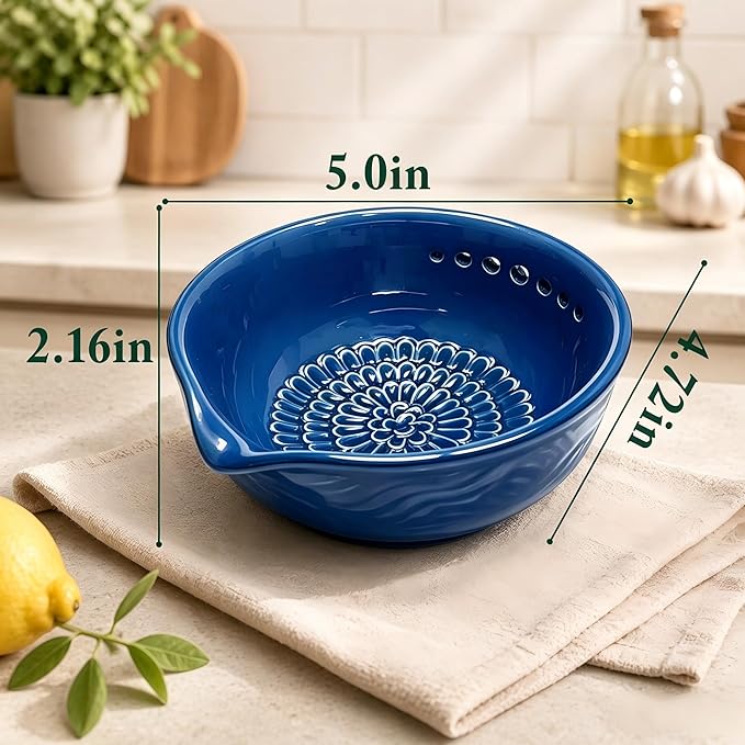 3-in-1 Ceramic Grater Bowl with Herb Stripper, Kitchen Tool for Garlic, Ginger & Vegetables, Easy to Clean Stripping Bowl for Kale, Rosemary, Thyme, and Basil, Dishwasher Safe (Blue)