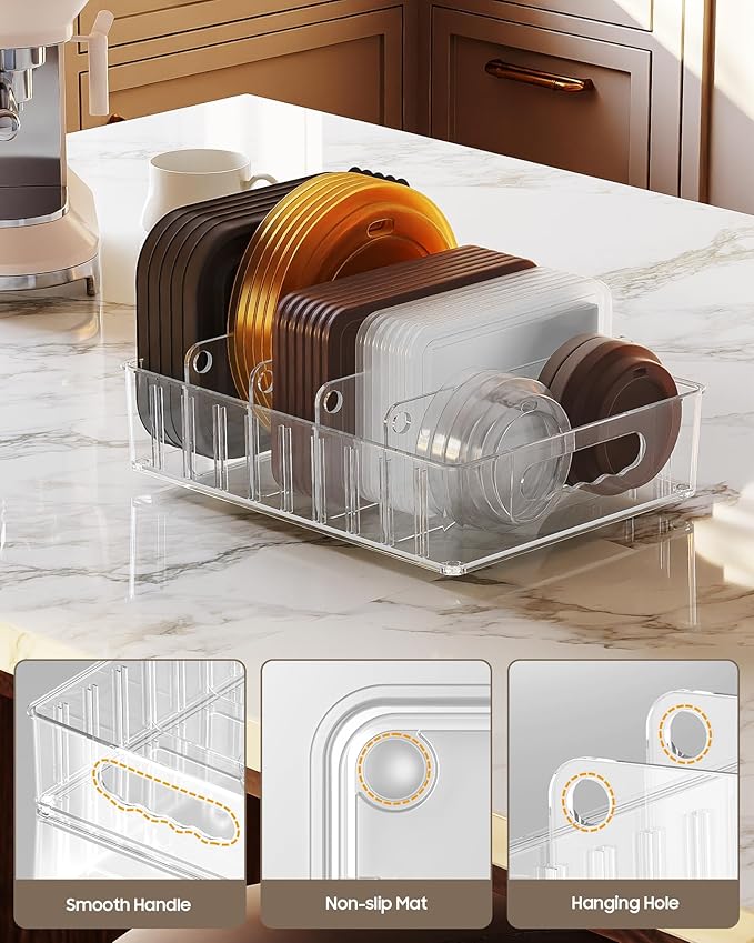 LYNG Lid Organizers Inside Cabinet, Clear Plastic Storage Lid Organizer With 4 Adjustable Dividers, Food Container Lid Organizer For Kitchen Pantry Green - Image 3